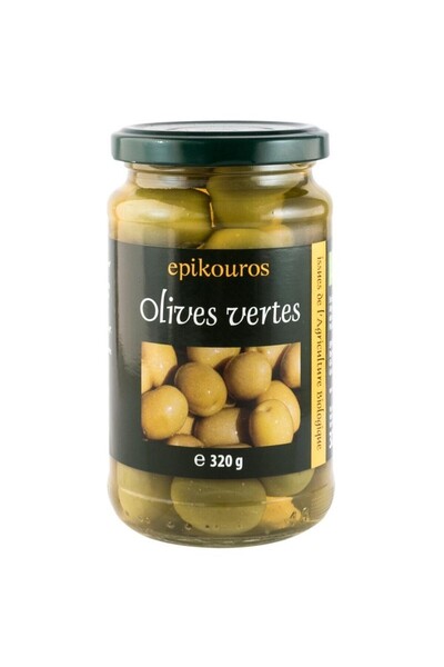 Epikouros Masline verzi bio cu samburi in saramura, 320g