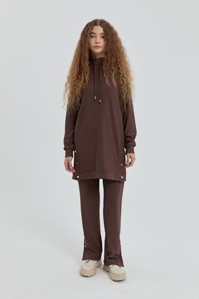Nihan Yan Detaylı Örme Pantolon Tunik Takım Kahve