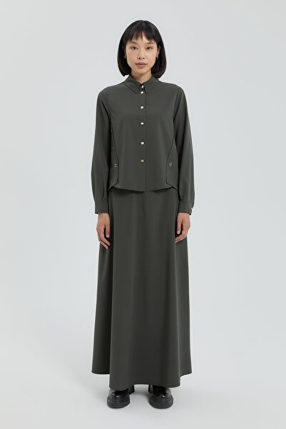 Nihan Metal Aksesuarlı Gömlek Etek Takım Haki