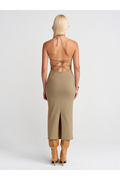 Dilvin 91518 Halter Neck Midi Dress-Çağla