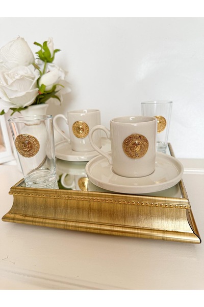 WERONY طقم قهوة ذهبي لشخصين مكون من 6 قطع. 2 كوب بشاربهاتش. طقم من كوبين.