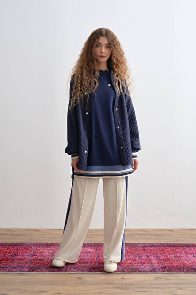 Nihan Renk Bloklu Pantolon Tunik Takım Ekru