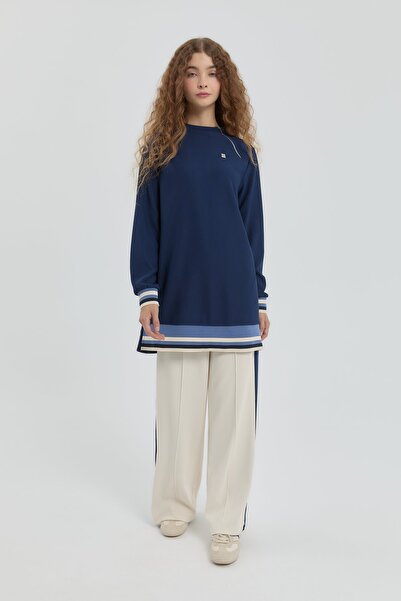 Nihan Renk Bloklu Pantolon Tunik Takım Ekru