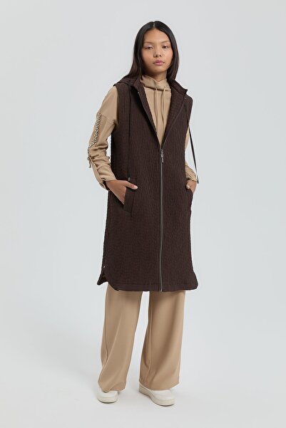 Nihan İnce Kapitone Seyyar Kapşonlu Yelek Kahve
