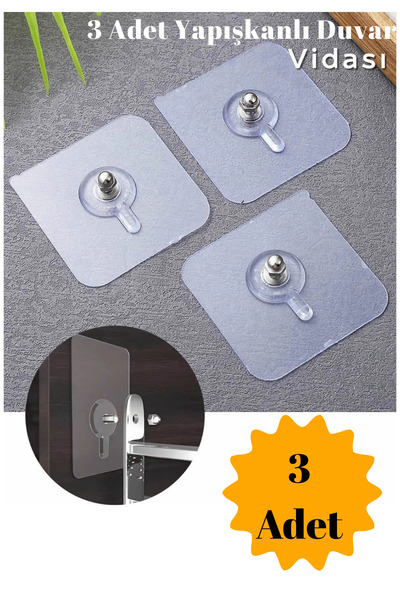 BRE HOME 3 Adet Yapışkanlı Vida | Delmeden Montaj Aparatı | Güçlü Şeffaf Duvar Askısı