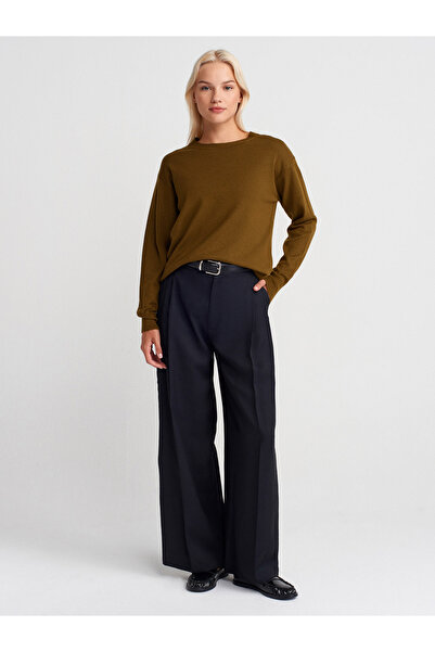 Dilvin 10633 Crew Neck Wool Basic Knitwear Sweater-Olive Green