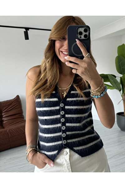 My Blog Синьо-кремовий двоколірний жилет з ґудзиками - ty231005