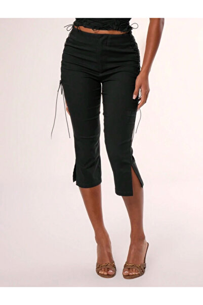 La Saade Midnight Slit Capri-Y2k Yan Bağcık Detaylı Siyah Pinterest Kapri Pantolon