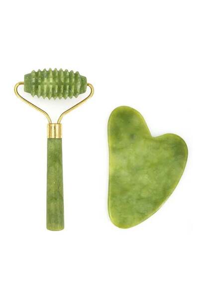 Zgts Roller and Heart for Facial and Body Massage Made of Jade Stone to Combat Aging Signs