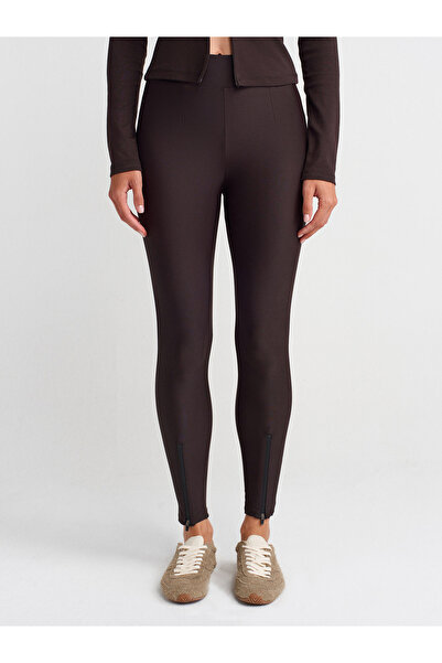 Dilvin 7934 Λεπτομερές κολάν με φερμουάρ-Σκούρο καφέ