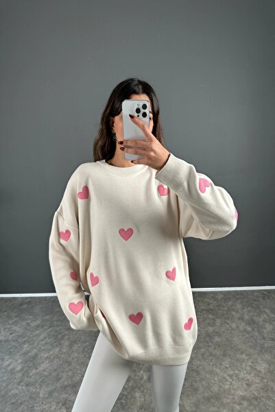 My Blog Cream - Pink Heart Embroidered Sweater