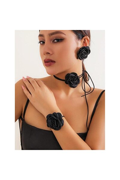 Pursehuit Set colier choker, brățară și cercei, negru, cu flori, Jouko C19