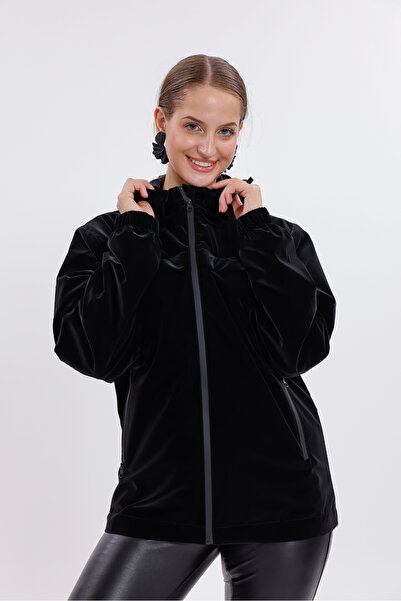 Montland Women's black hooded nova fabric stylish seasonal water and windproof raincoat