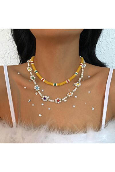 Pursehuit Σετ 2 χρυσά κολιέ, με κίτρινες χάντρες και μαργαριτάρια, Colin C2