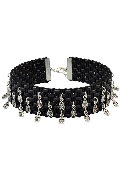 Pursehuit Colier tip choker negru, cu accesorii argintii, Peta C8