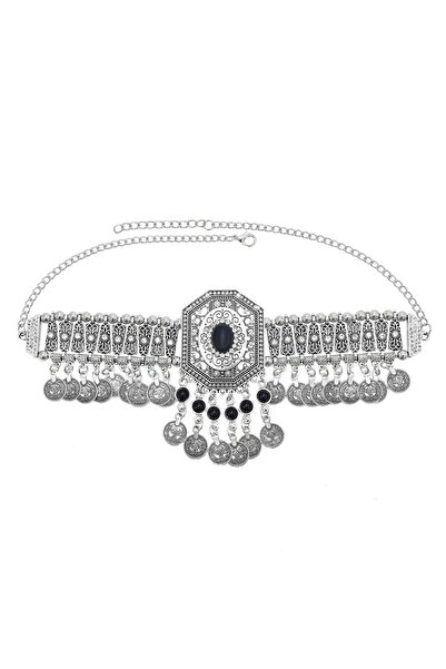 Pursehuit Colier culoare argintie, cu monede și pietre negre, Santo C8