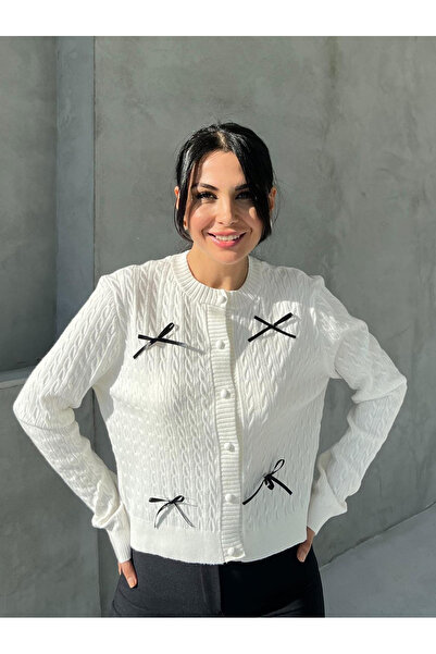 My Blog Cream Mini Bow Detailed Buttoned Front Knitwear Cardigan-4375