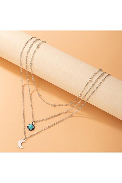 Pursehuit Silver Colour necklace, in 3 layers, with crescent moon and turquoise stone, Dora C11