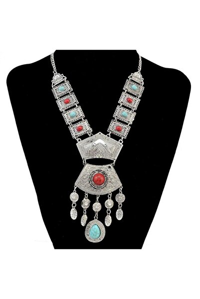 Pursehuit Colier de culoare argintie cu pietre roșii și turcoaz, Saron C12