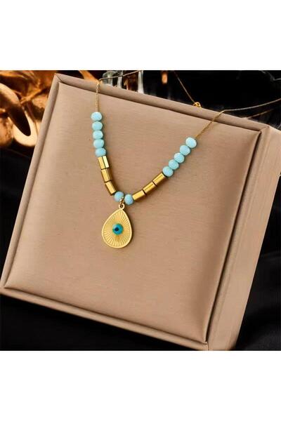 Pursehuit Colier auriu, realizat din oțel inoxidabil, cu mărgele turcoaz, suf...