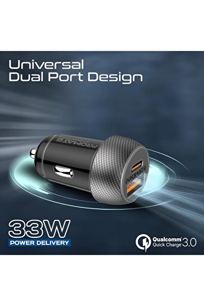 Promate 33W Dual Port Car Charger with 33W USB-C PD & 18W QC 3.0 USB-A, 1.2m USB-C to Lightning Cabl