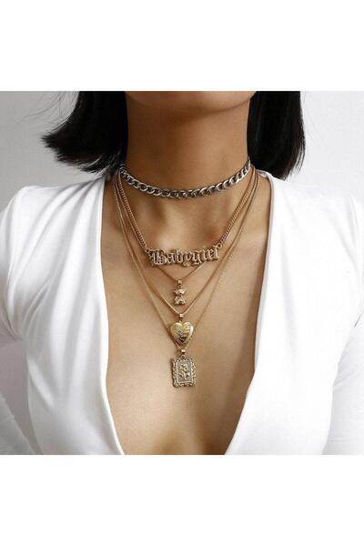 Pursehuit Κολιέ 5 στρώσεων, χρυσό, με καρδιά και αρκουδάκι, Roselin C3