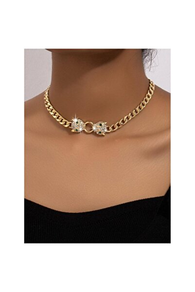 Pursehuit Χρυσό κολιέ, με κρίκους και κεφάλι πάνθηρα, με πέτρες, Brigita C16