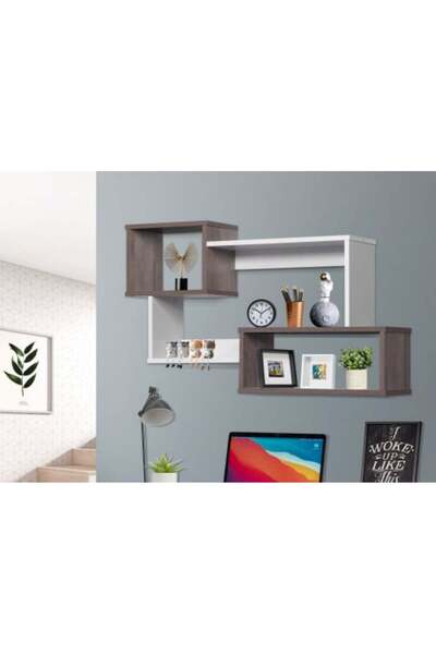 BAITY Wall-Mounted Nested Shelves - 3 Malaysian Wood Cubes, Brown and White