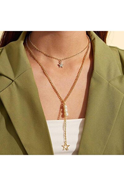 Pursehuit Colier auriu, în 2 straturi, cu perle și stele, Tariel C11