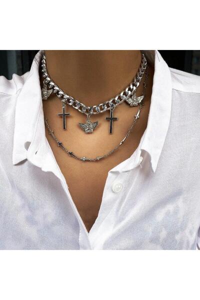 Pursehuit Set de 2 coliere argintii, cu cruci și legături, Nana C2