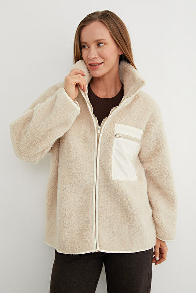 Fulla Moda Fermuarlı Tek Cepli Dik Yaka Pelüş Mont