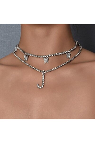 Pursehuit Κολιέ τένις 2 στρώσεων, ασημί χρώμα, με πέτρες, Lorene C9