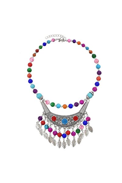 Pursehuit Colier argintiu, stil boho, cu mărgele colorate, Leocadia C12