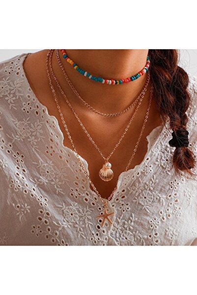 Pursehuit Σετ κολιέ, χρυσό, με πολύχρωμες χάντρες και θαλασσινά σχήματα, Sele...