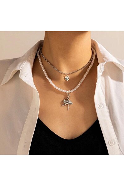 Pursehuit Colier argintiu, în 2 straturi, cu perle și balerină, Maia C12