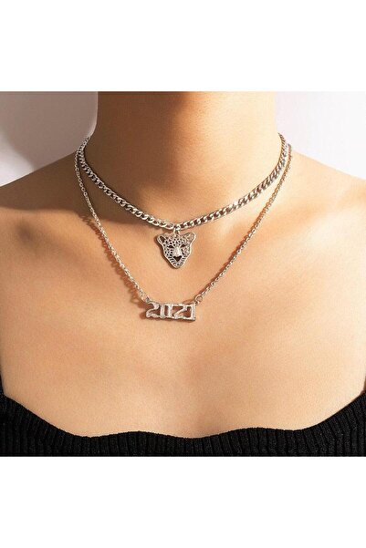 Pursehuit Colier argintiu, în 2 straturi, cu pandantiv panteră, Tayler C12