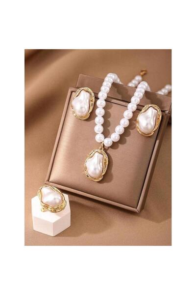 Pursehuit Set colier, cercei și inel reglabil, cu perle, Johanna C19