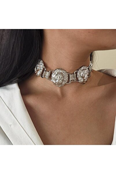 Pursehuit Κολιέ τσόκερ σε ασημένιο χρώμα, με πλάκες σε σχήμα κεφαλής λιονταρι...