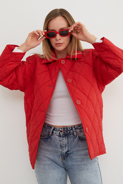 Fulla Moda Kapitone Desenli Oversize Düğmeli Mont