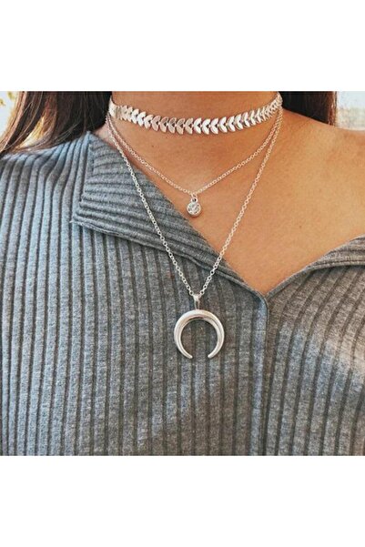 Pursehuit Colier de culoare argintie, în 3 straturi, cu semilună și piatră, S...