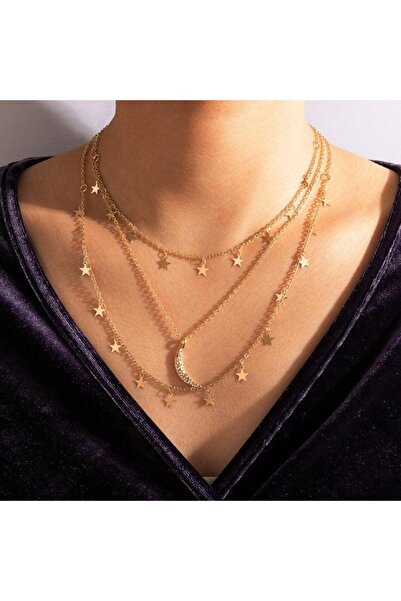 Pursehuit Colier culoare aurie, în 3 straturi, cu semilună și stele, Selda C1...