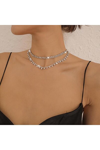 Pursehuit Κολιέ σε ασημένιο χρώμα, σε 2 στρώσεις, με πέτρες, Helmar C17