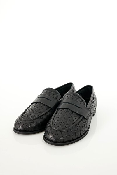 5in1Canpolat Siyah Deri Örgü Loafer 43702