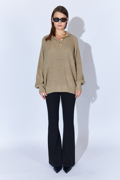 EDITION WOMAN Mink Collar Gold Buttoned Raglan Sleeve Oversize Women's Sweater Ek100535253