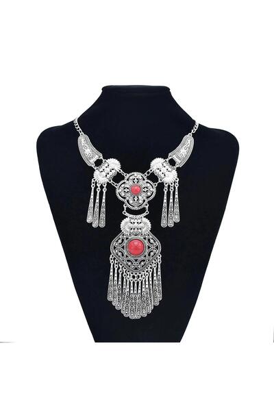 Pursehuit Colier de culoare argintie cu pietre roșii, Sarina C12