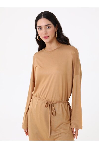 Benin Rahat Kalıp Beli Bağlamalı Uzun Tunik - Camel -