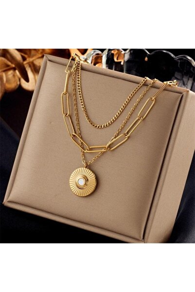 Pursehuit Colier auriu, în 3 straturi, cu zale și monedă, realizat din oțel i...