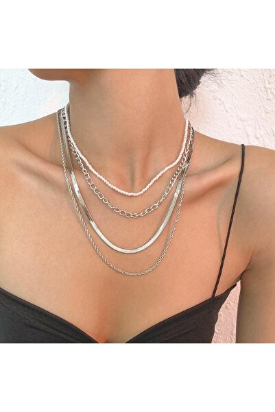 Pursehuit Κολιέ 4 στρώσεων, Ασημί Χρώμα, με μαργαριτάρια, Salomon C2