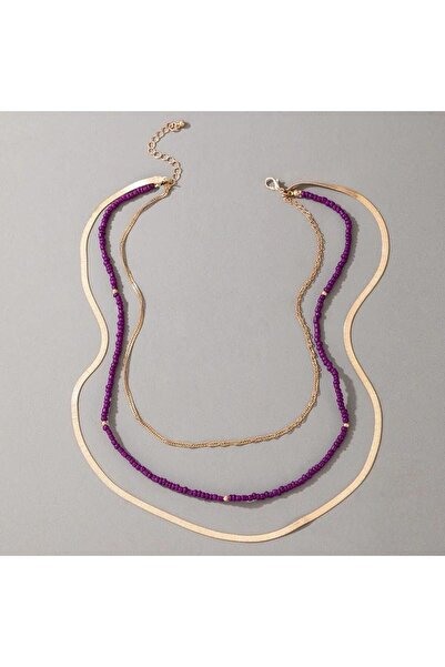 Pursehuit Colier auriu, în 3 straturi, cu mărgele mov, Maidis C12
