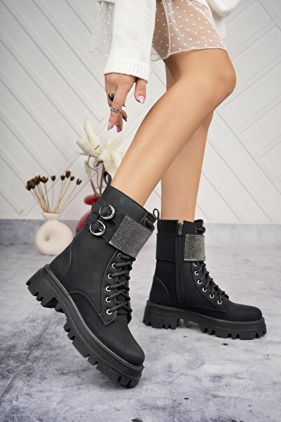 Ludiva Kadın Taş Detaylı Tokalı Fermuarlı Kaymaz Taban Postal Bot Siyah